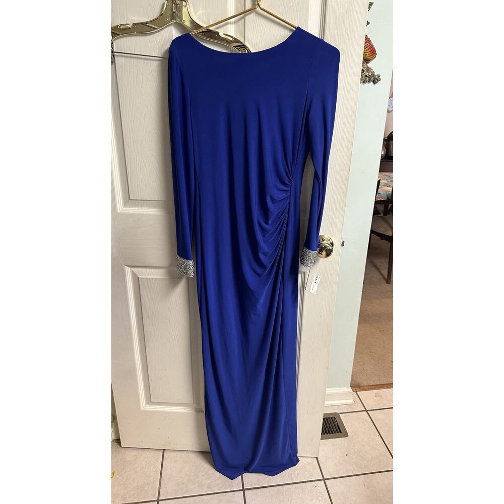 Marina Med 8 Blue Dress Draped Open Back Gown Evening Party Formal Ruched Long